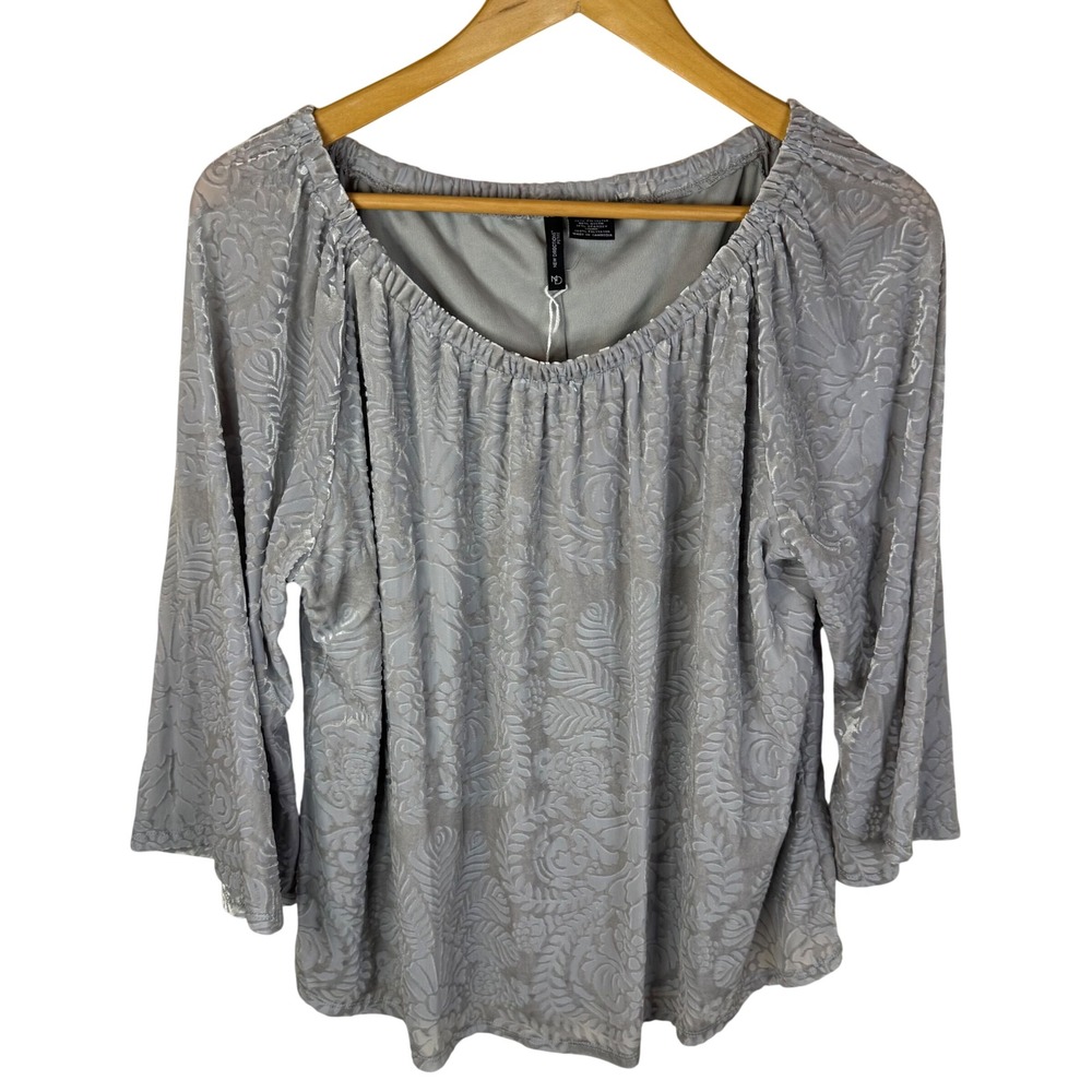 New Directions Velvet Burnout Blouse‎ Women PXL Silver Floral Damask Scoop Neck